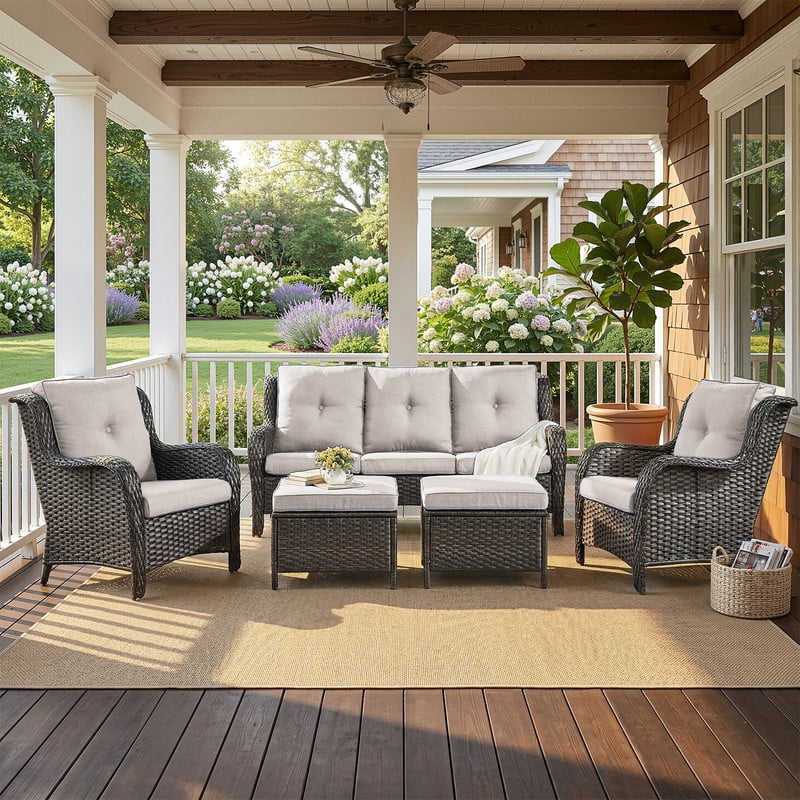 PARKWELL Outdoor Patio Wicker Furniture Set - 5 Piece Sectional Sofa Set with 3-Seat Sofa,2 Chairs and 2 Ottomans,Brown Wicker and Beige Cushion