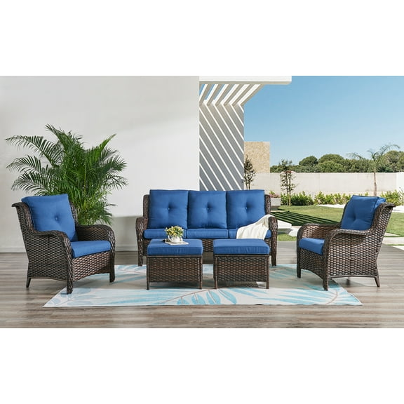 PARKWELL Outdoor Patio Wicker Furniture Set - 5 Piece Sectional Sofa Set with 3-Seat Sofa,2 Chairs and 2 Ottomans,Brown Wicker and Blue Cushion