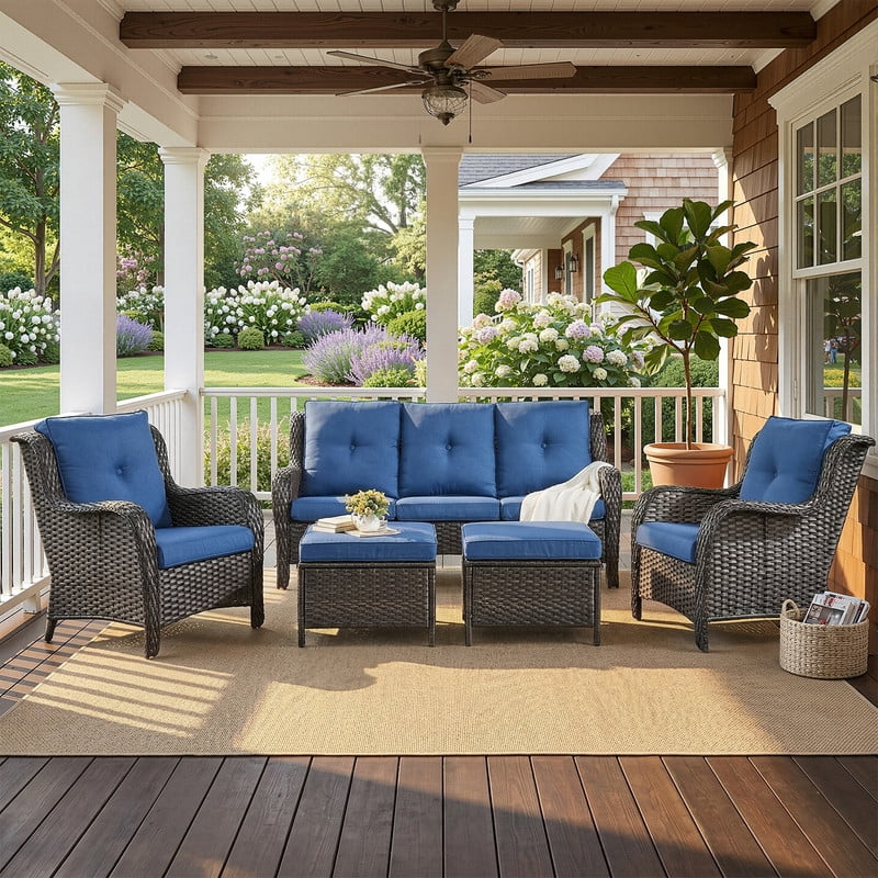 PARKWELL Outdoor Patio Wicker Furniture Set - 5 Piece Sectional Sofa Set with 3-Seat Sofa,2 Chairs and 2 Ottomans,Brown Wicker and Blue Cushion