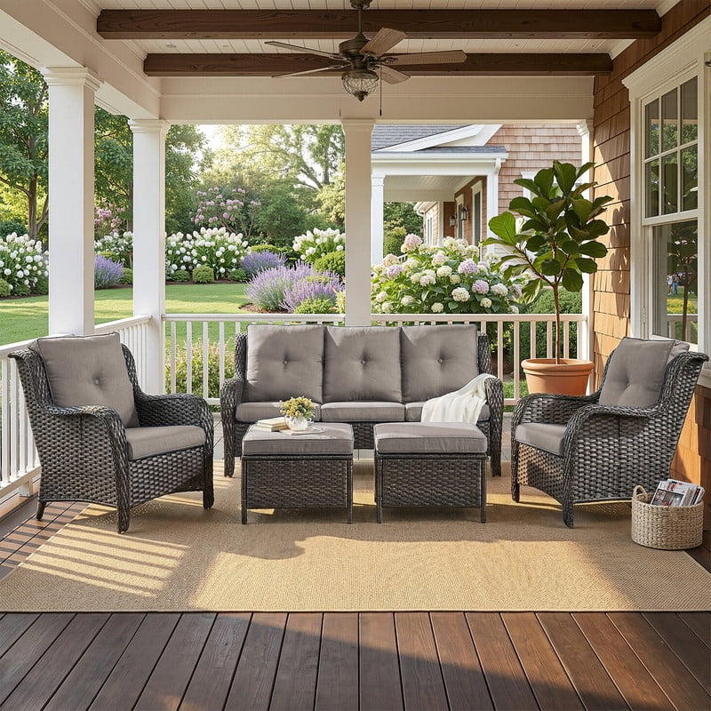 PARKWELL Outdoor Patio Wicker Furniture Set - 5 Piece Sectional Sofa Set with 3-Seat Sofa,2 Chairs and 2 Ottomans,Brown Wicker and Gray Cushion