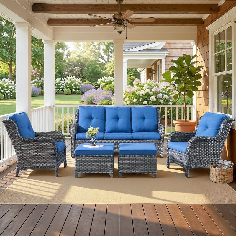 PARKWELL Outdoor Patio Wicker Furniture Set - 5 Piece Sectional Sofa Set with 3-Seat Sofa,2 Chairs and 2 Ottomans,Gray Wicker and Blue Cushion
