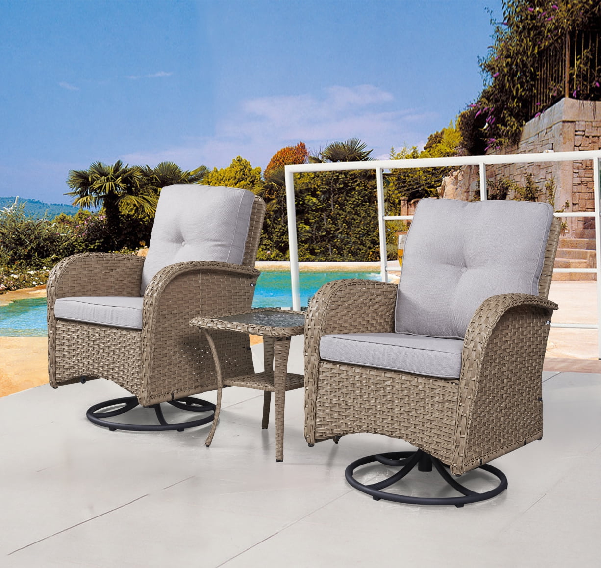 PARKWELL Wicker Swivel Rocker Patio Furniture Set | Beige Cushions ...
