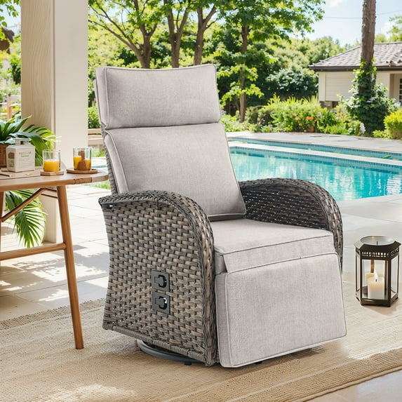 PARKWELL Outdoor Recliner Chair Patio 360° Swivel Reclining Lounge Chair,All-Weather Wicker Adjustable Cushioned Recliner with Footrest for Garden Balcony Yard,Brown/Beige