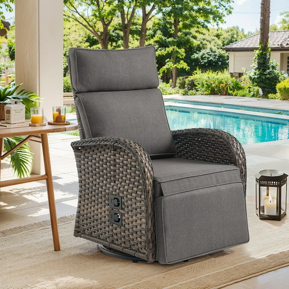 PARKWELL Outdoor Recliner Chair Patio 360° Swivel Reclining Lounge Chair,All-Weather Wicker Adjustable Cushioned Recliner with Footrest for Garden Balcony Yard,Brown/Gray