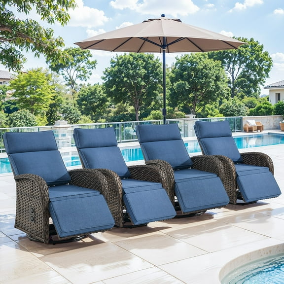 PARKWELL Outdoor Recliner Chair Set of 4,Patio 360° Swivel Reclining Lounge Chair,All-Weather Wicker Adjustable Cushioned Recliner with Footrest for Garden Balcony Yard,Brown/Navy