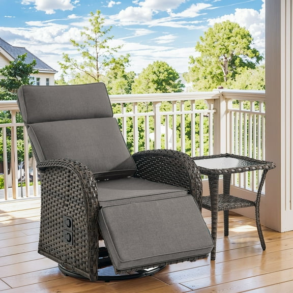 PARKWELL Outdoor Recliner Chair Set,Patio 360° Swivel Reclining Lounge Chair with Side Table,All-Weather Wicker Adjustable Cushioned Recliner with Footrest for Garden Balcony Yard,Brown/Gray