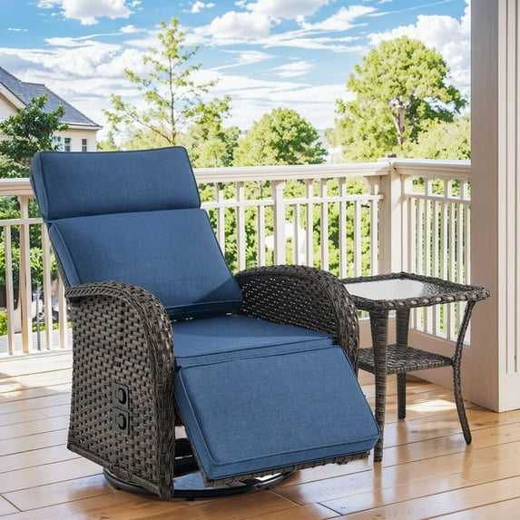 PARKWELL Outdoor Recliner Chair Set,Patio 360° Swivel Reclining Lounge Chair with Side Table,All-Weather Wicker Adjustable Cushioned Recliner with Footrest for Garden Balcony Yard,Brown/Navy