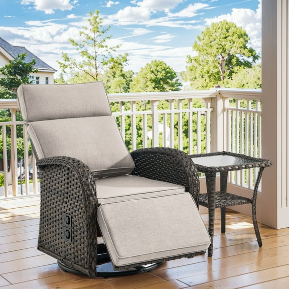 PARKWELL Outdoor Recliner Chair Set,Patio 360° Swivel Reclining Lounge Chair with Side Table,All-Weather Wicker Adjustable Cushioned Recliner with Footrest for Garden Balcony Yard,Brown/Beige