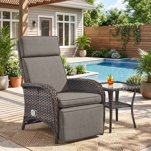 PARKWELL Outdoor Recliner Chair Set,Patio Reclining Lounge Chair with Side Table,All-Weather Wicker Adjustable Cushioned Recliner with Footrest for Garden Balcony Yard, Gray