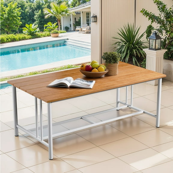 PARKWELL Outdoor Rectangular Dining Table,Patio Heavy-Duty Metal Frame Table with Polywood Top,Waterproof, Sunproof, Rust-Resistant for Porch Balcony Backyard,White