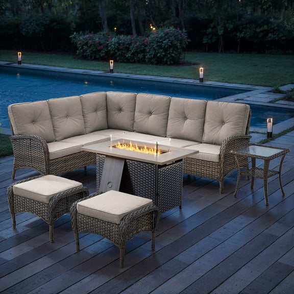 PARKWELL Outdoor Sectional Sofa Furniture Set with Fire Pit Table and Ottoman, Patio Wicker L-Shaped Couch, Brown Wicker/Beige Cushion