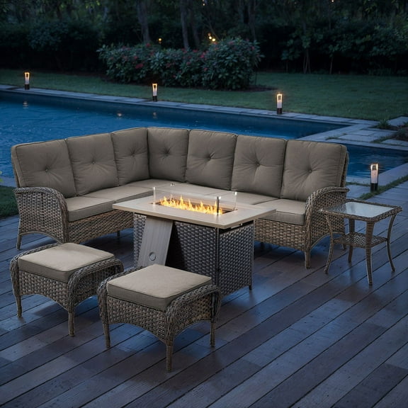 PARKWELL Outdoor Sectional Sofa Furniture Set with Fire Pit Table and Ottoman, Patio Wicker L-Shaped Conversation Set, Brown Wicker/Gray Cushion