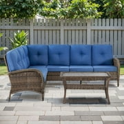 PARKWELL Outdoor Sectional Sofa Furniture Set,Patio Wicker L Shaped Couch High Back Conversation Set with Coffee Table for Garden Yard,Brown Wicker Navy Cushion