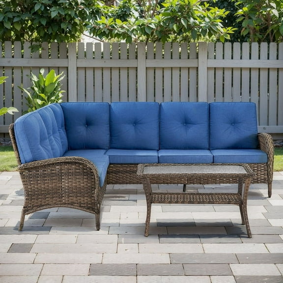 PARKWELL Outdoor Sectional Sofa Furniture Set,Patio Wicker L Shaped Couch High Back Conversation Set with Coffee Table for Garden Yard,Brown Wicker Navy Cushion