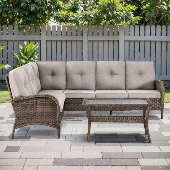 PARKWELL Outdoor Sectional Sofa Furniture Set,Patio Wicker L Shaped Couch High Back Conversation Set with Coffee Table for Garden Yard,Brown Wicker Beige Cushion