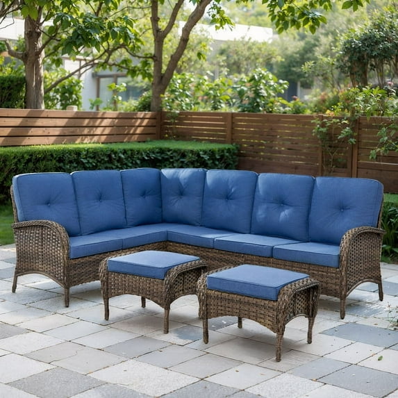 PARKWELL Outdoor Sectional Sofa Furniture Set,Patio Wicker L Shaped Couch High Back Conversation Set with Ottomans for Garden Yard,Brown Wicker Navy Cushion