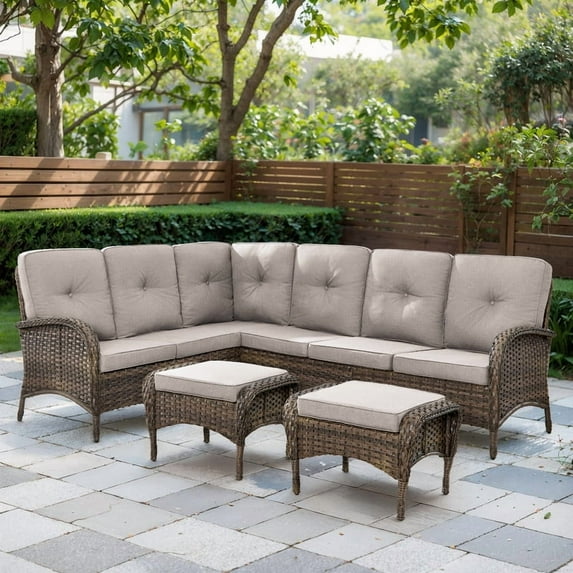 PARKWELL Outdoor Sectional Sofa Furniture Set,Patio Wicker L Shaped Couch High Back Conversation Set with Ottomans for Garden Yard,Brown Wicker Beige Cushion