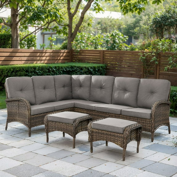 PARKWELL Outdoor Sectional Sofa Furniture Set,Patio Wicker L Shaped Couch High Back Conversation Set with Ottomans for Garden Yard,Brown Wicker Gray Cushion