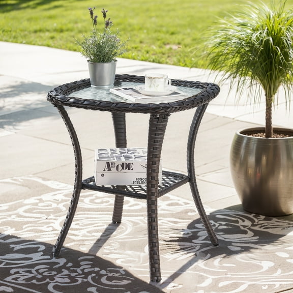 PARKWELL Outdoor Patio Side Table Square Wicker End Table with Glass Top, Brown