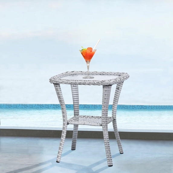 PARKWELL Outdoor Side Table with All-Weather Wicker Shelf - Rattan Tea Tables with Glass Top - Square Offwhite