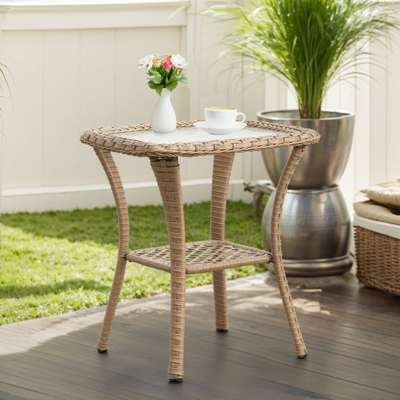 PARKWELL Outdoor Patio Side Table Square Wicker End Table with Glass Top, Yellow