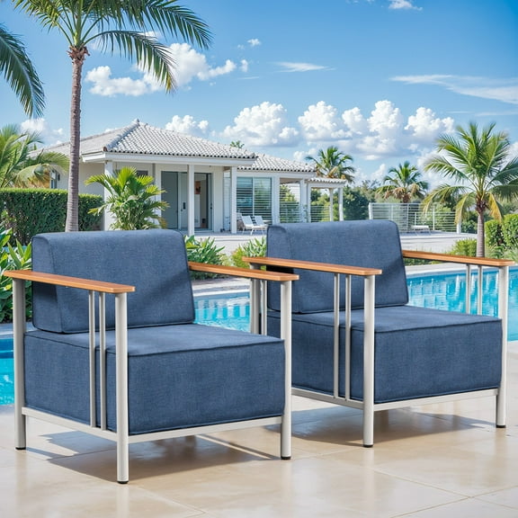 PARKWELL Outdoor Sofa Chairs Set of 2,Patio Oversized Metal Club Chairs with Luxury 10-Inch Thick Cushions for Front Porch Deck,White/Navy