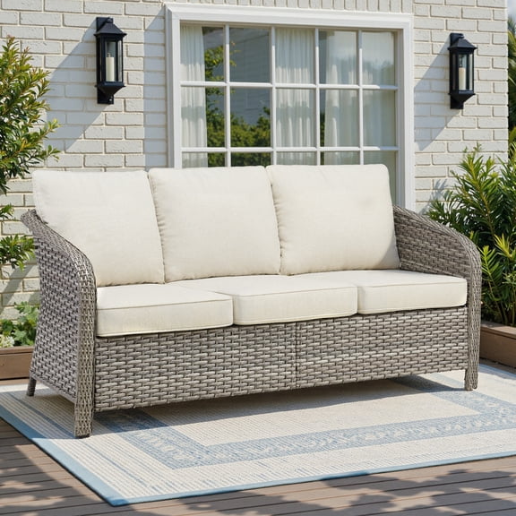PARKWELL Outdoor Sofa Furniture, All-Weather Wicker Rattan Deep Seat Couch with Removable Cushions, Patio 3-Seat Sofa for Porch Poolside Balcony