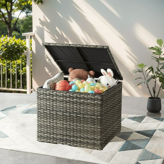 PARKWELL Outdoor Storage Box with Lid,All-Weather Waterproof Wicker Storage Cabinet for Patio Furniture, Pool Accessories, Garden Tools, Gray