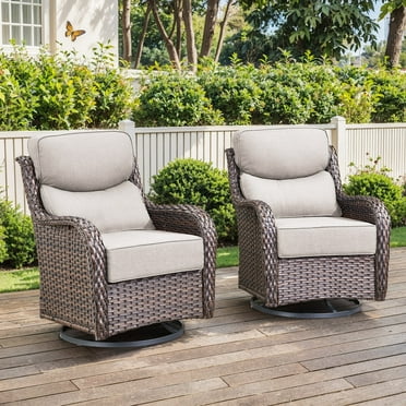 PARKWELL Outdoor Swivel Glider Chair Set of 2,Luxury High Back 6-Inch Thick Cushions Swivel Rocker Rocking Lounge Chair,Patio Bistro Set for Porch Deck Backyard,Brown/Beige