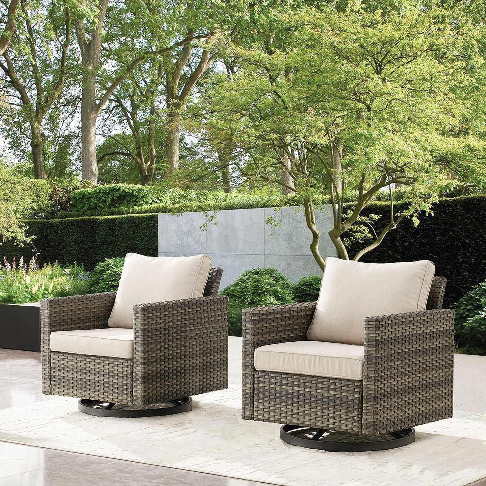 Gray Wicker Outdoor Rocking Armchair with Beige Cushions