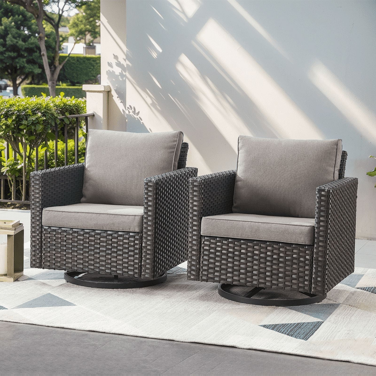 Gray and Brown Wicker Outdoor Swivel Rocking Armchair with Cushions