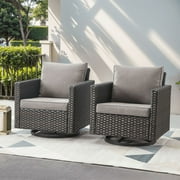 PARKWELL Outdoor Swivel Glider Chair Set of 2, Patio Swivel Rocking Lounge Chair with Gray Cushions for Balcony Patio, Brown Wicker