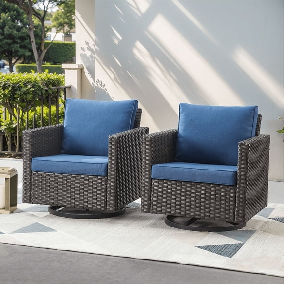 PARKWELL Outdoor Swivel Glider Chair Set of 2, Patio Swivel Rocking Lounge Chair with Navy Cushions for Balcony Patio, Brown Wicker