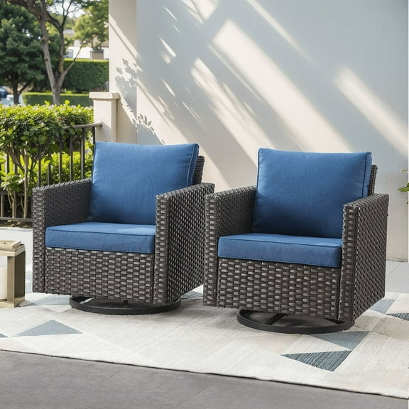 PARKWELL Outdoor Swivel Glider Chair Set of 2, Patio Swivel Rocking Lounge Chair with Navy Cushions for Balcony Patio, Brown Wicker