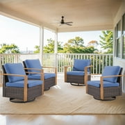 PARKWELL Outdoor Swivel Glider Chair Set of 4, Patio Cushioned Lounge Swivel Rocker Arm Chair for Balcony Yard,Brown Wicker and Navy Cushions