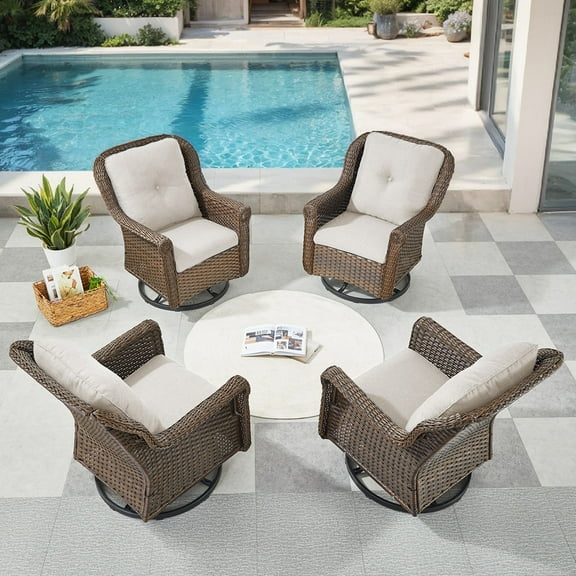 PARKWELL Outdoor Swivel Glider Set of 4,Patio 360° Swivel Rocker Lounge Chair,All-Weather Wicker Cushioned Swivel Rocking Chairs for Patio Porch Pool,Brown/Beige