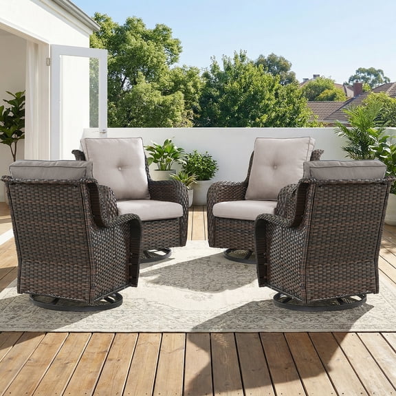 PARKWELL Outdoor Swivel Gliders Chair Set of 4, Patio Wicker High Back Swivel Rocker Deep Seat Lounge Chair with Beige Cushions for Balcony Deck, Brown Wicker