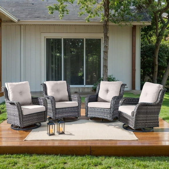 PARKWELL Outdoor Swivel Gliders Chair Set of 4,Patio Wicker High Back Swivel Rocker Deep Seat Lounge Chair with Beige Cushions for Balcony Deck, Gray Wicker