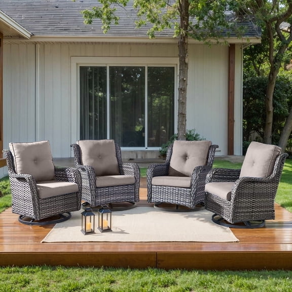 PARKWELL Outdoor Swivel Gliders Chair Set of 4,Patio Wicker High Back Swivel Rocker Deep Seat Lounge Chair with Gray Cushions for Balcony Deck, Gray Wicker