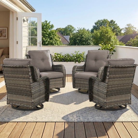 PARKWELL Outdoor Swivel Gliders Chair Set of 4, Patio Wicker High Back Swivel Rocker Deep Seat Lounge Chair with Gray Cushions for Balcony Deck, Gray Wicker