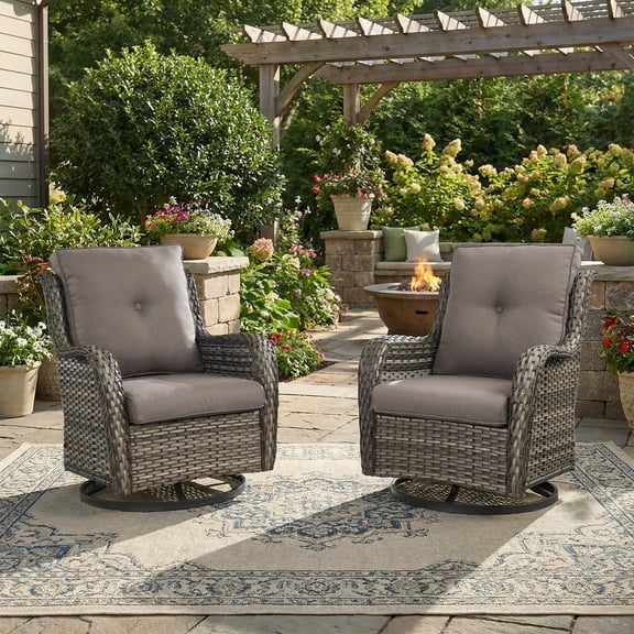 PARKWELL Outdoor Swivel Gliders Chair Set of 2, Patio Wicker High Back Swivel Rocker Lounge Chair with Gray Cushions for Balcony Deck, Gray Wicker