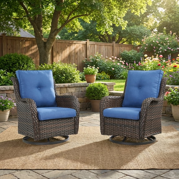 PARKWELL Outdoor Swivel Gliders Chair Set of 2, Patio Wicker High Back Swivel Rocker Lounge Chair with Navy Cushions for Balcony Deck, Brown Wicker