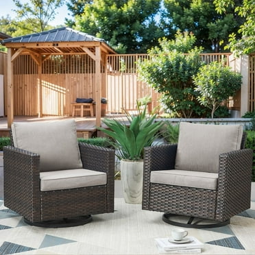 PARKWELL Outdoor Swivel Rocker Patio Chairs Set of 2,Wicker Swivel Gliders Rocking Chair for Porch Balcony Yard,Beige Cushions Lounge Chairs in Brown Wicker