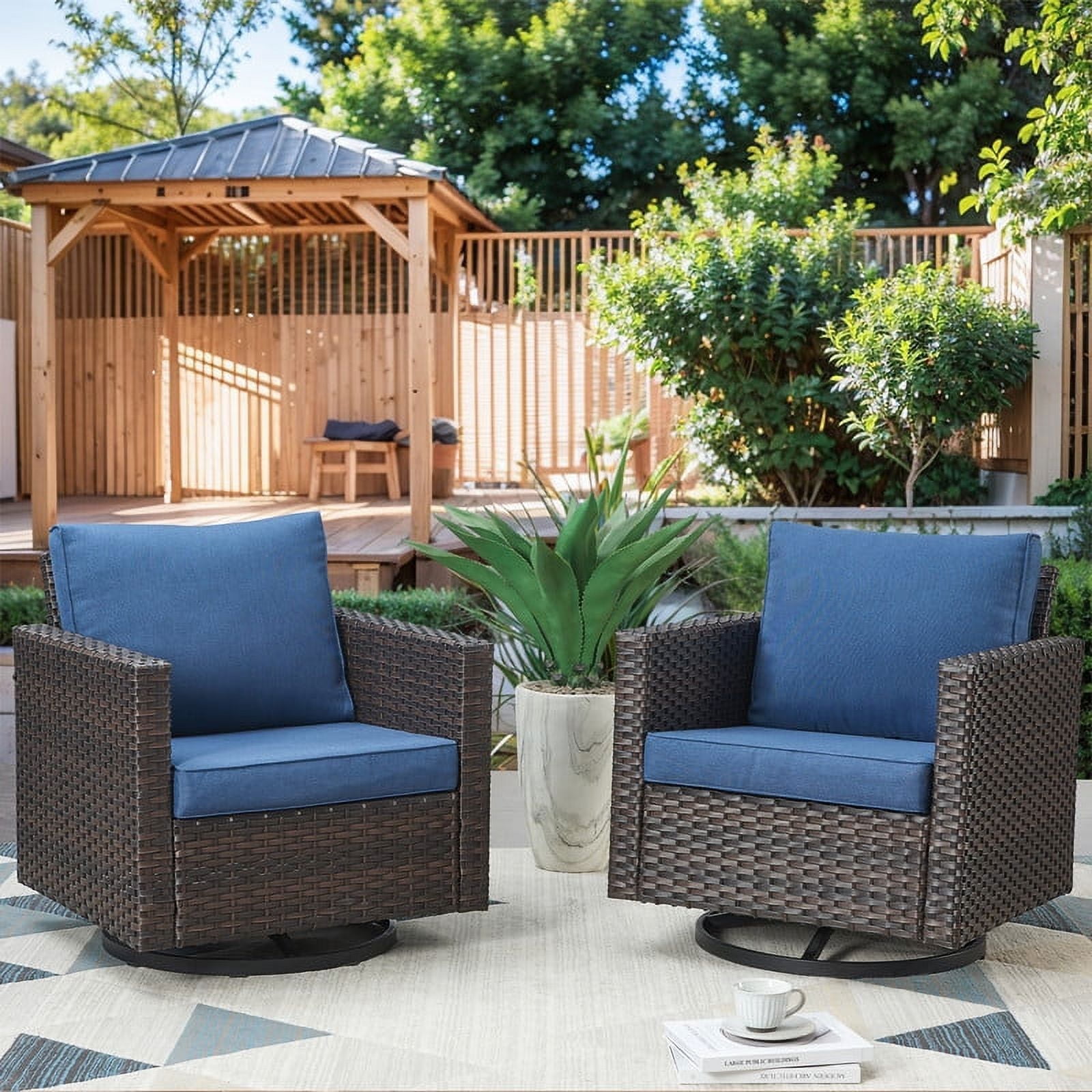 PARKWELL Outdoor Swivel Rocker Patio Chairs Set of 2,Wicker Swivel Gliders Rocking Chair for Porch Balcony Yard,Navy Cushions Lounge Chairs in Brown Wicker