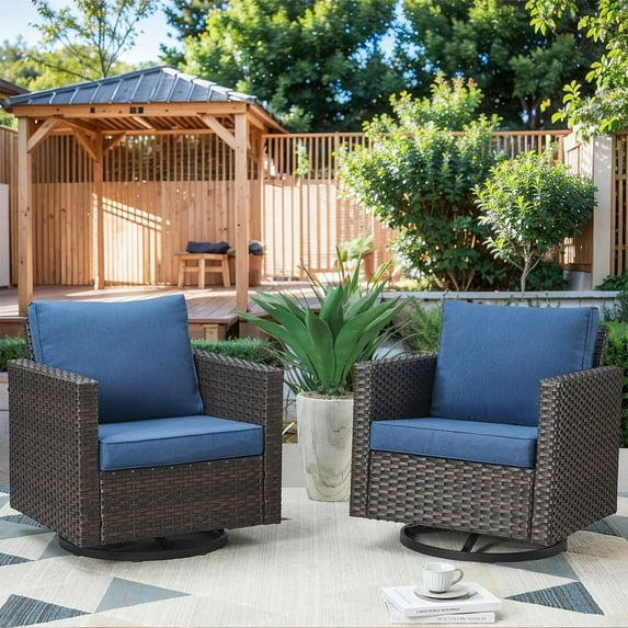 PARKWELL Outdoor Swivel Rocker Patio Chairs Set of 2,Wicker Swivel Gliders Rocking Chair for Porch Balcony Yard,Navy Cushions Lounge Chairs in Brown Wicker