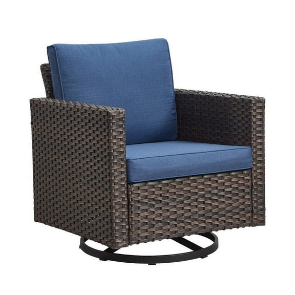 PARKWELL Outdoor Swivel Glider Chair, Patio Swivel Rocking Lounge Chair with Navy Cushions for Balcony Patio, Brown Wicker