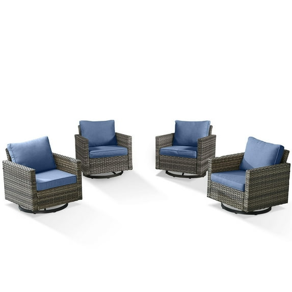 PARKWELL Outdoor Wicker Chairs Swivel Rocker Set of 4, All Weather Rattan Patio Swivel Glider Rocking Lounge Chairs for Patio Porch Pool,Brown/Navy