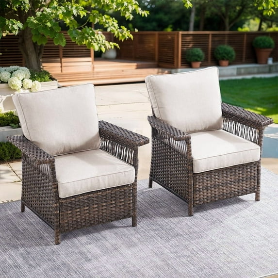PARKWELL Outdoor Wicker Cushioned Lounge Chair Set of 2, Outdoor Seating Set for Backyard, Poolside, Balcony, Indoor Use w/Seagull-Shaped Armrests,Beige