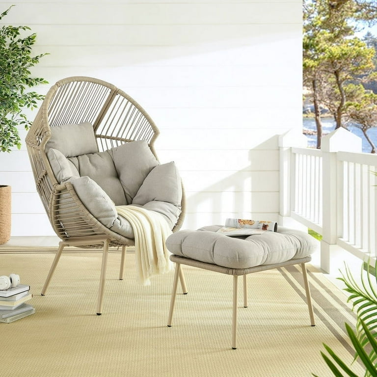 Parkwell Outdoor Wicker Egg Chair with Ottoman and Cushions Patio Oversized Lounge Chair for Indoor Outdoor 300lb Beige Size One Size