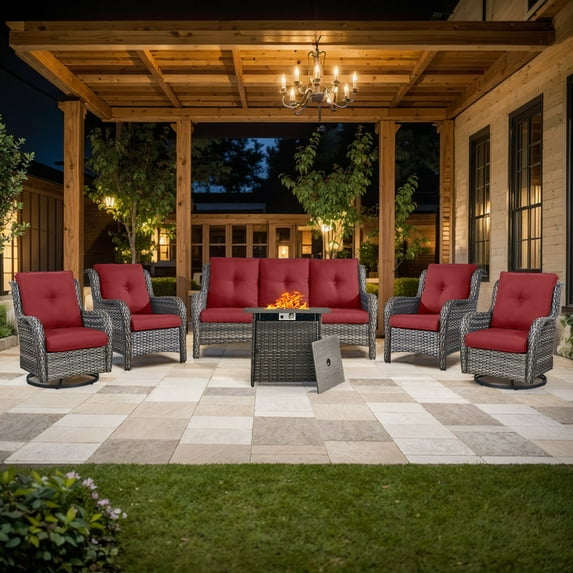 PARKWELL Outdoor Wicker Furniture,6-Piece Luxury Patio Rattan Conversation Set with Fire Pit Table,Weather-Resistant High Back Sofa Chairs and Swivel Glider for Garden,Gray Wicker Red Cushions